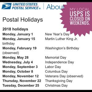  FYI: Official USPS Holidays - No mail service.